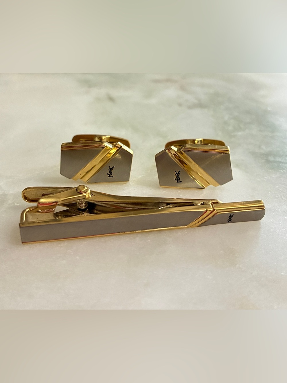 YSL Vintage Cuff Links & Tie Clip Set